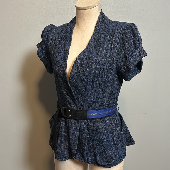 Nanette Lepore Blue Tweed Belted Asymmetrical Blazer size 4 - Picture 8 of 16